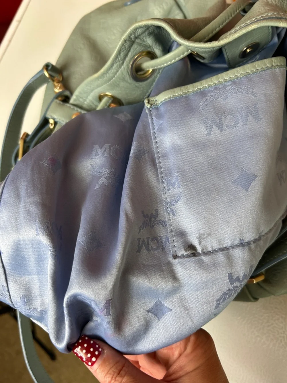 MCM Pale Blue Pebbled Leather Drawstring Hobo Bag - Picture 11 of 15